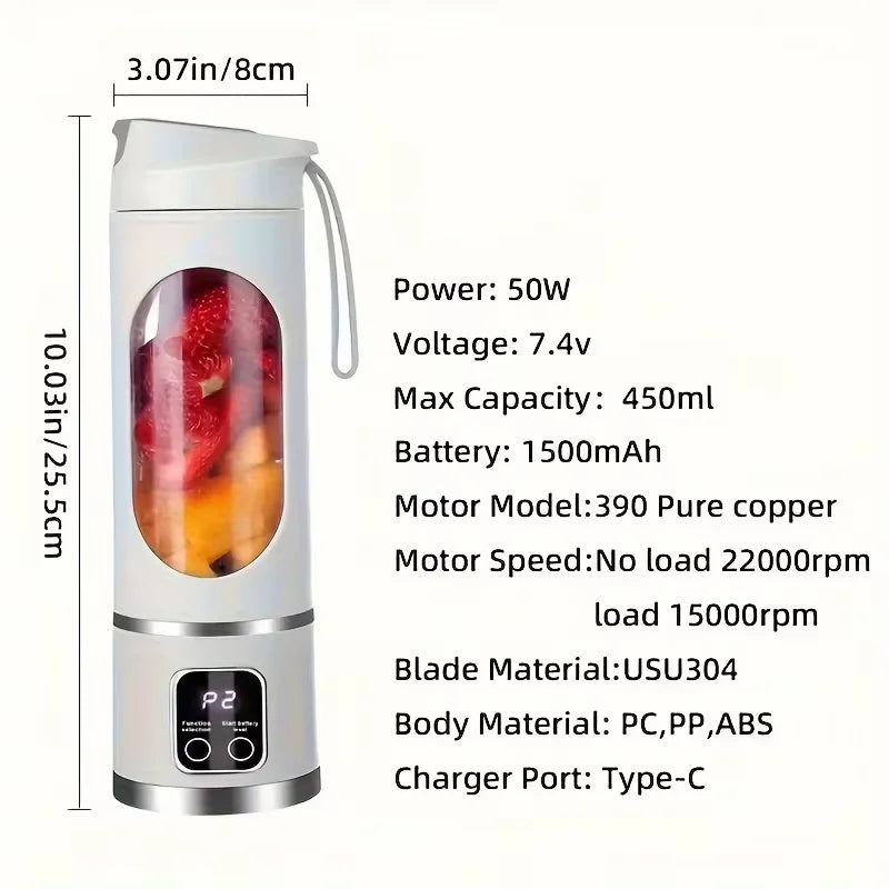 Portable Blender Juicer Cup – 450ml, 10 Blades
